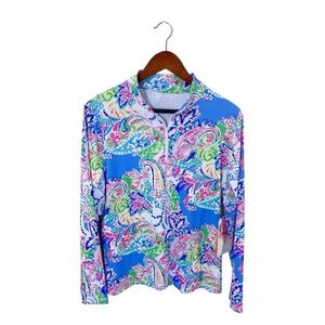 Gottex Athletic Lightweight 1/4 Zip Top Sz L Blue Paisley Floral Activewear